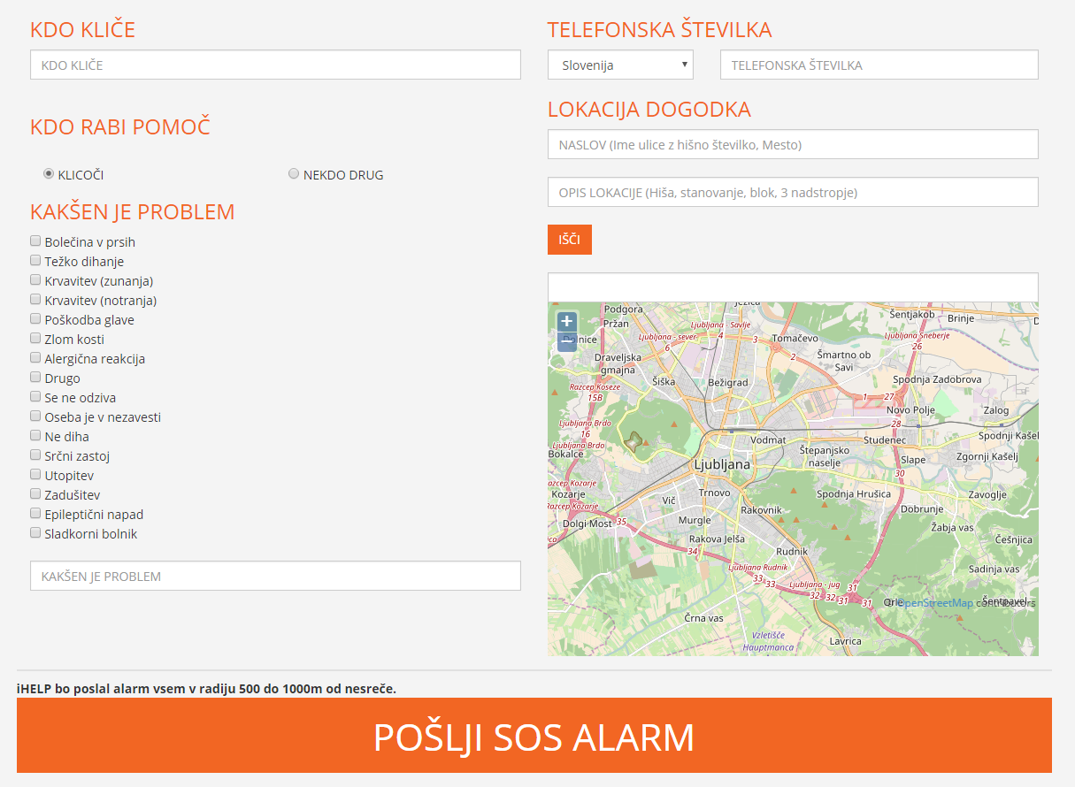 iHELP SOS spletna strana za alarmiranje prvih posredovalcev in iHELP uporabnikov