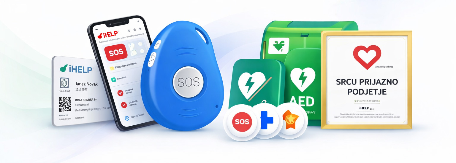 SOS sistem, platforma, aplikacija, alarmiranje, zemljevid defibrilatorjev, AED, prva pomoč, zdr. podatki, izobraževalna vsebina