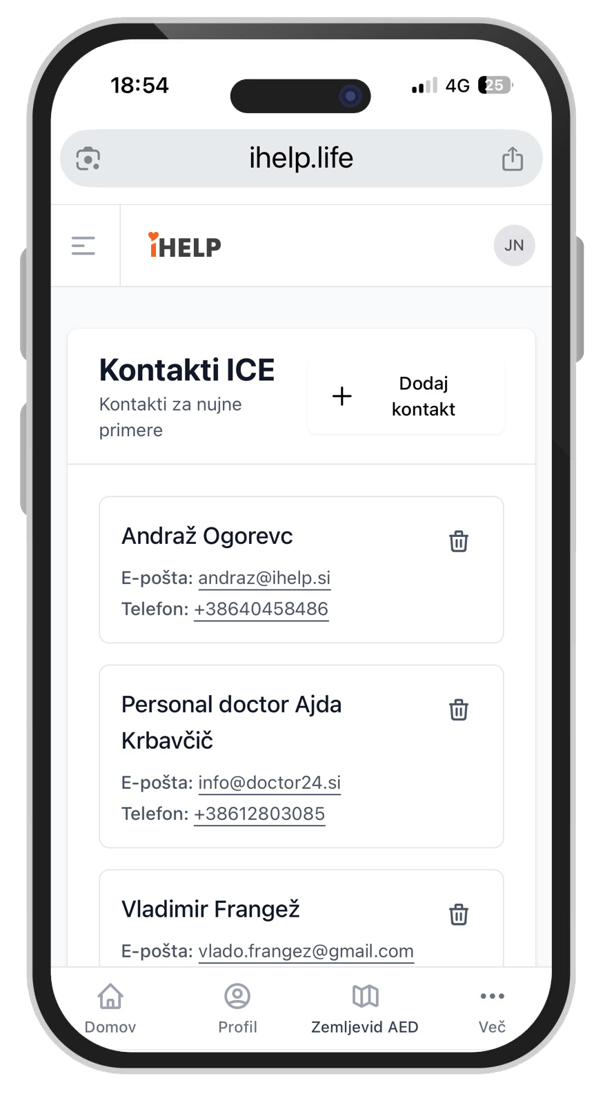 iHELP platforma: Nujni kontakti