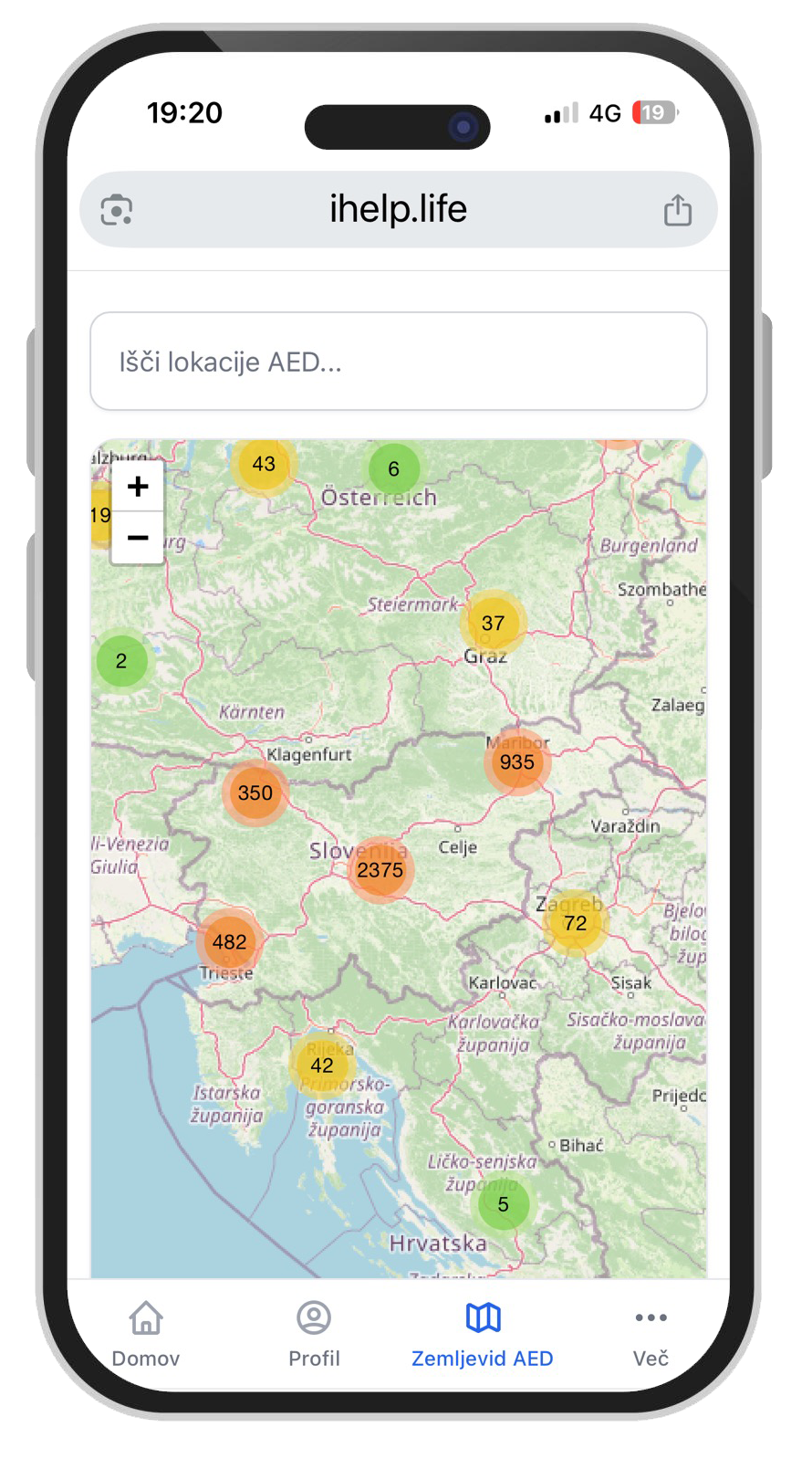 iHELP platforma: osebni profil - Zemljevid defibrilatorjev