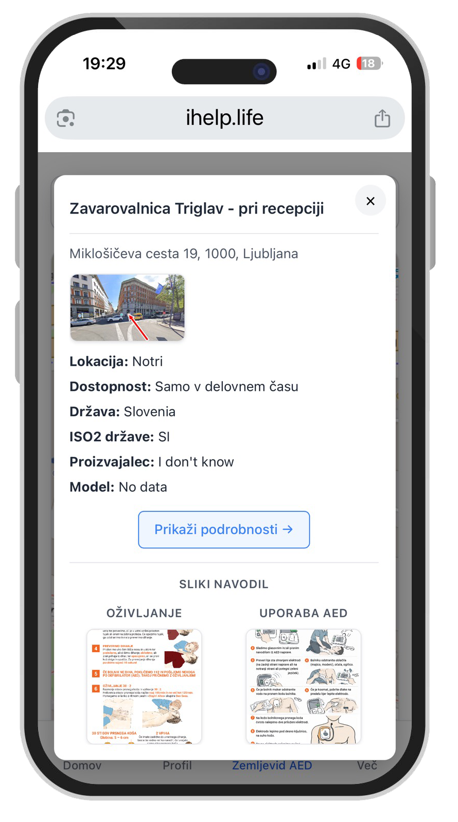 iHELP platforma: Podatek o defibrilatorju