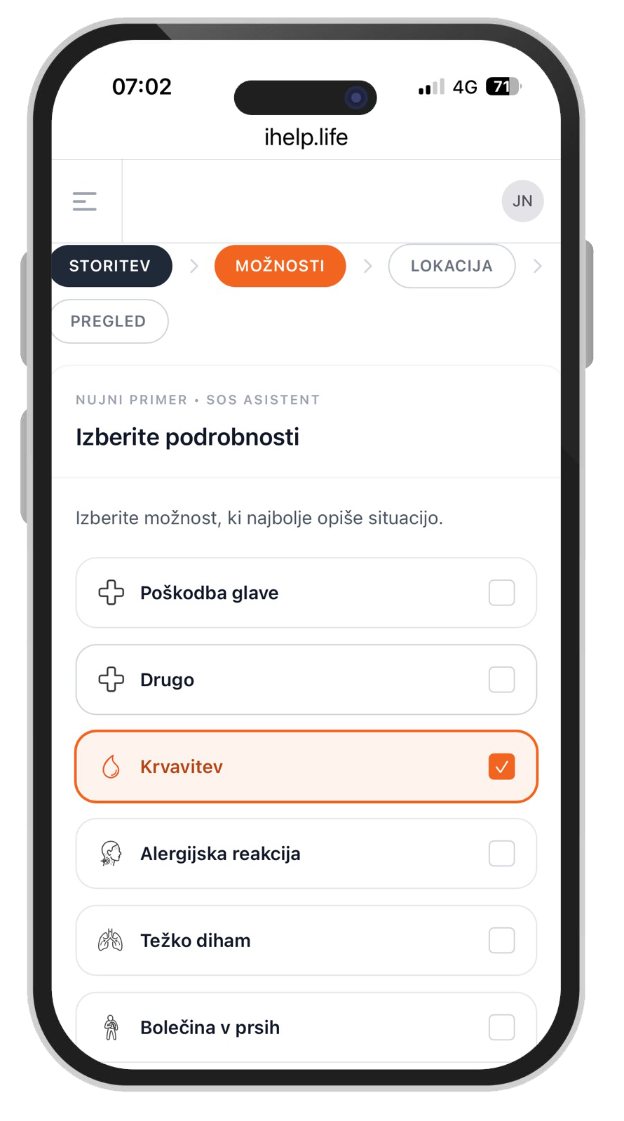 iHELP SOS alarmiranje: Izberite problem