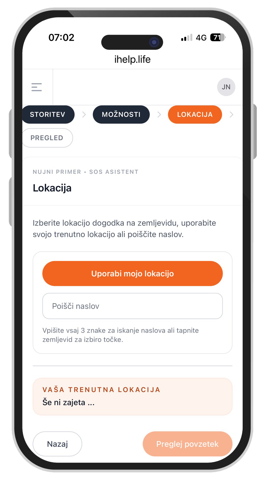 iHELP SOS alarmiranje: Izberite lokacijo