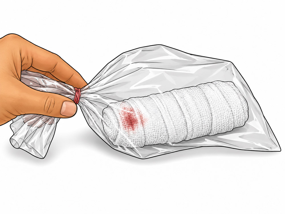 Zaviti prst vstavite v suho plastično vrečko in jo neprodušno zaprite (zavežite). Prst mora ostati suh.